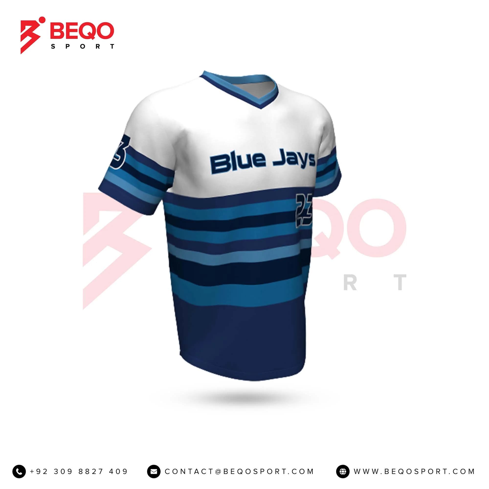 White and Blue Baseball V Neck Jersey