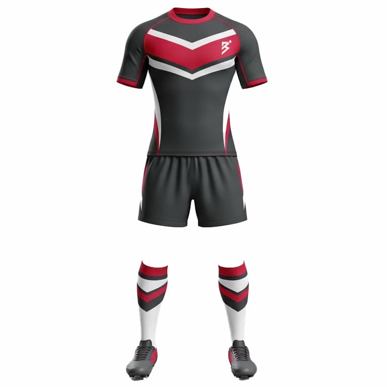 Men's Pro-Fit Black & Red Chevron Rugby Uniform Set – Jersey, Shorts & Socks