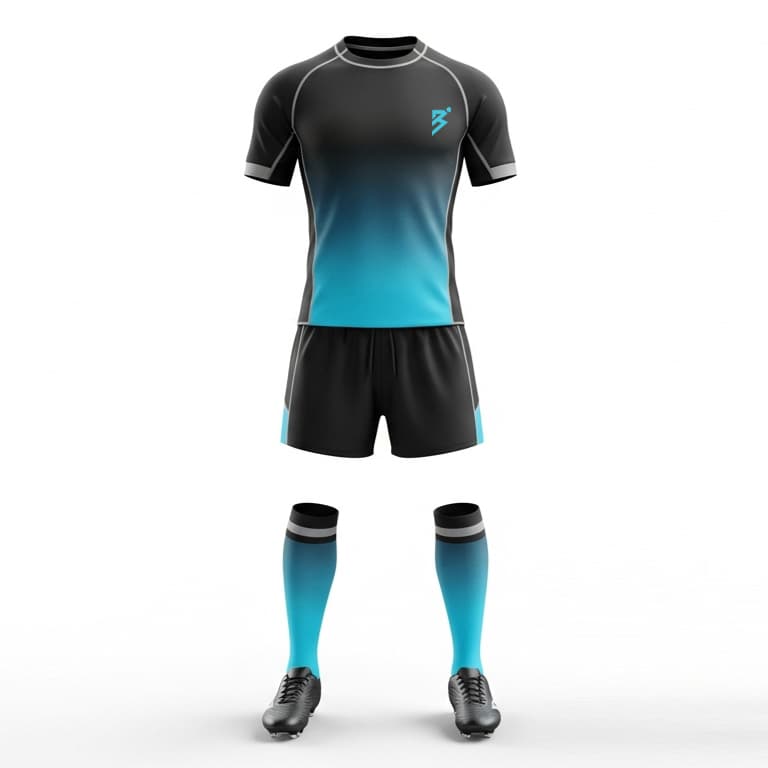 Men's Rugby Uniform Set - Black & Teal Gradient Jersey, Shorts & Socks