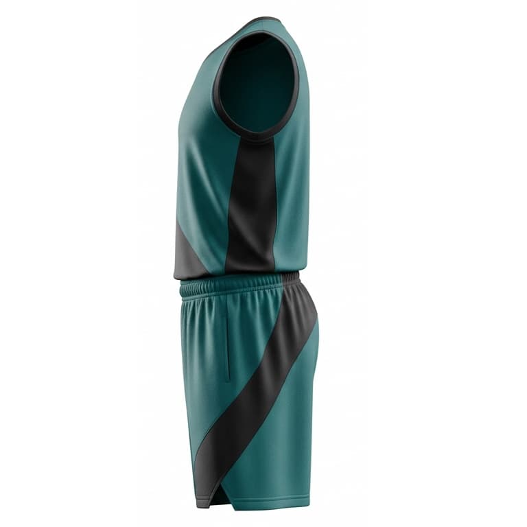 Teal & Black Sublimated Basketball Uniforms for Men - V-Neck Performance Jersey & Shorts view 2