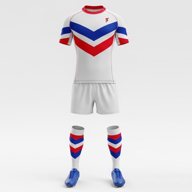 Customizable V-Stripe Rugby Kit - Men's White, Red & Blue Performance Uniform