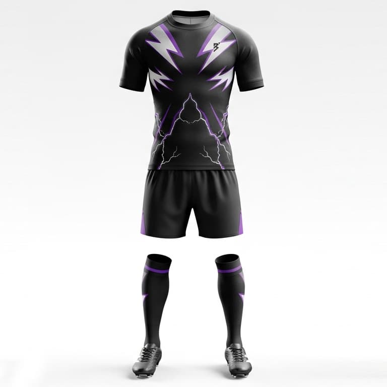 Men's Black & Purple Lightning Bolt Rugby Jersey & Shorts Set