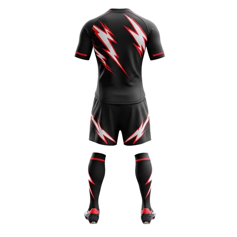 Men's Black and Red Lightning Rugby Kit - Performance Jersey, Shorts & Socks view 2