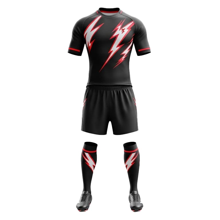Men's Black and Red Lightning Rugby Kit - Performance Jersey, Shorts & Socks