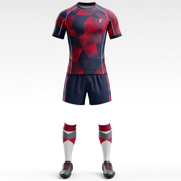 Men's Red and Blue Geometric Rugby Kit - Performance Jersey, Shorts & Socks