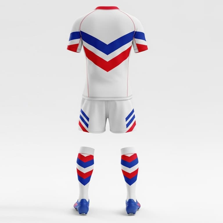 Customizable V-Stripe Rugby Kit - Men's White, Red & Blue Performance Uniform view 3