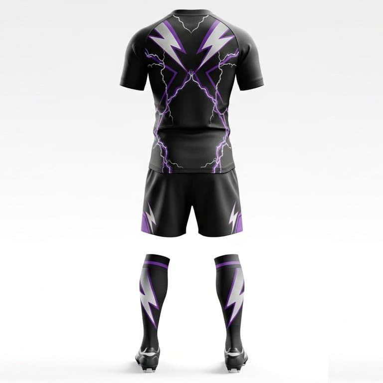 Men's Black & Purple Lightning Bolt Rugby Jersey & Shorts Set view 3