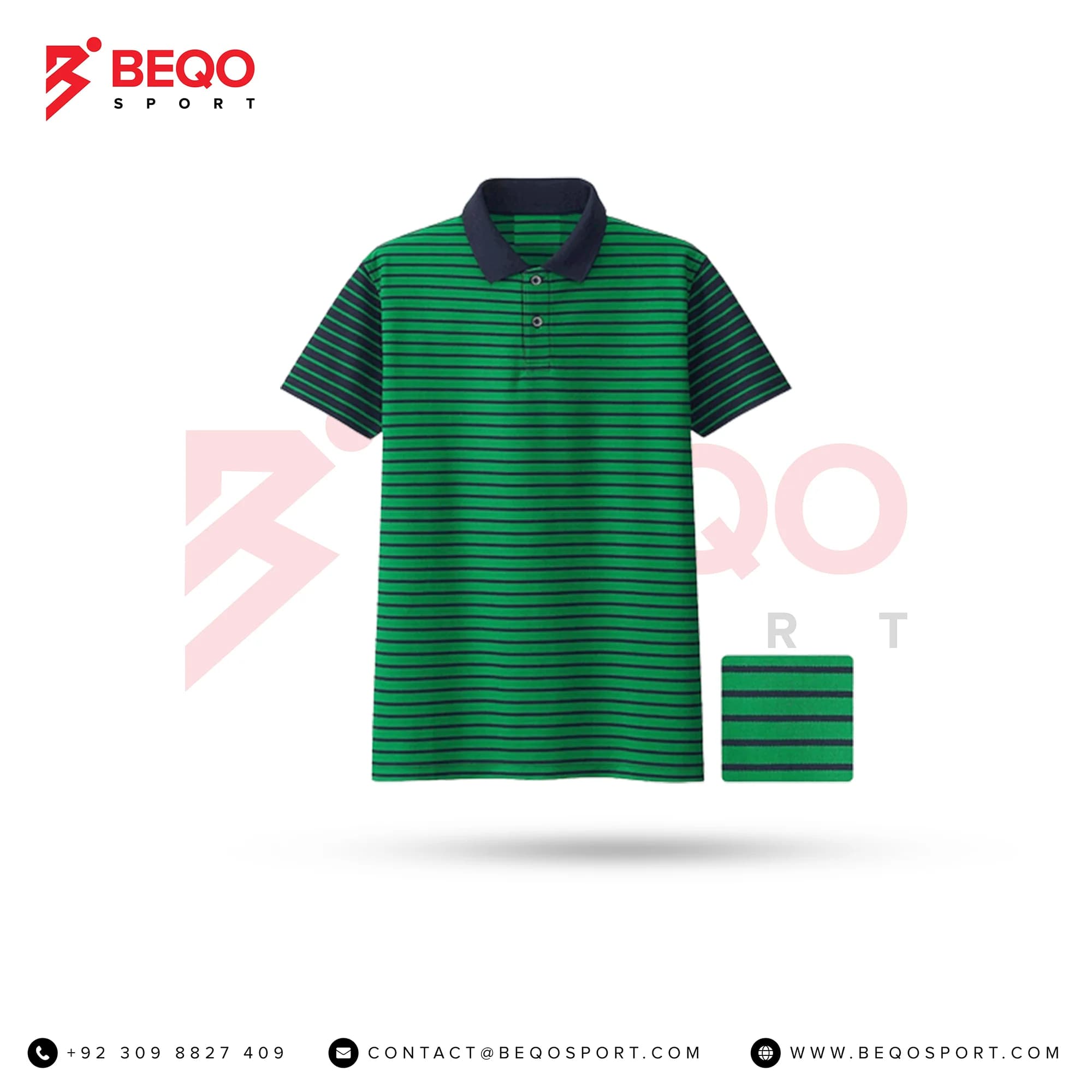 Green Polo Shirt with Horizontal Printed Stripes