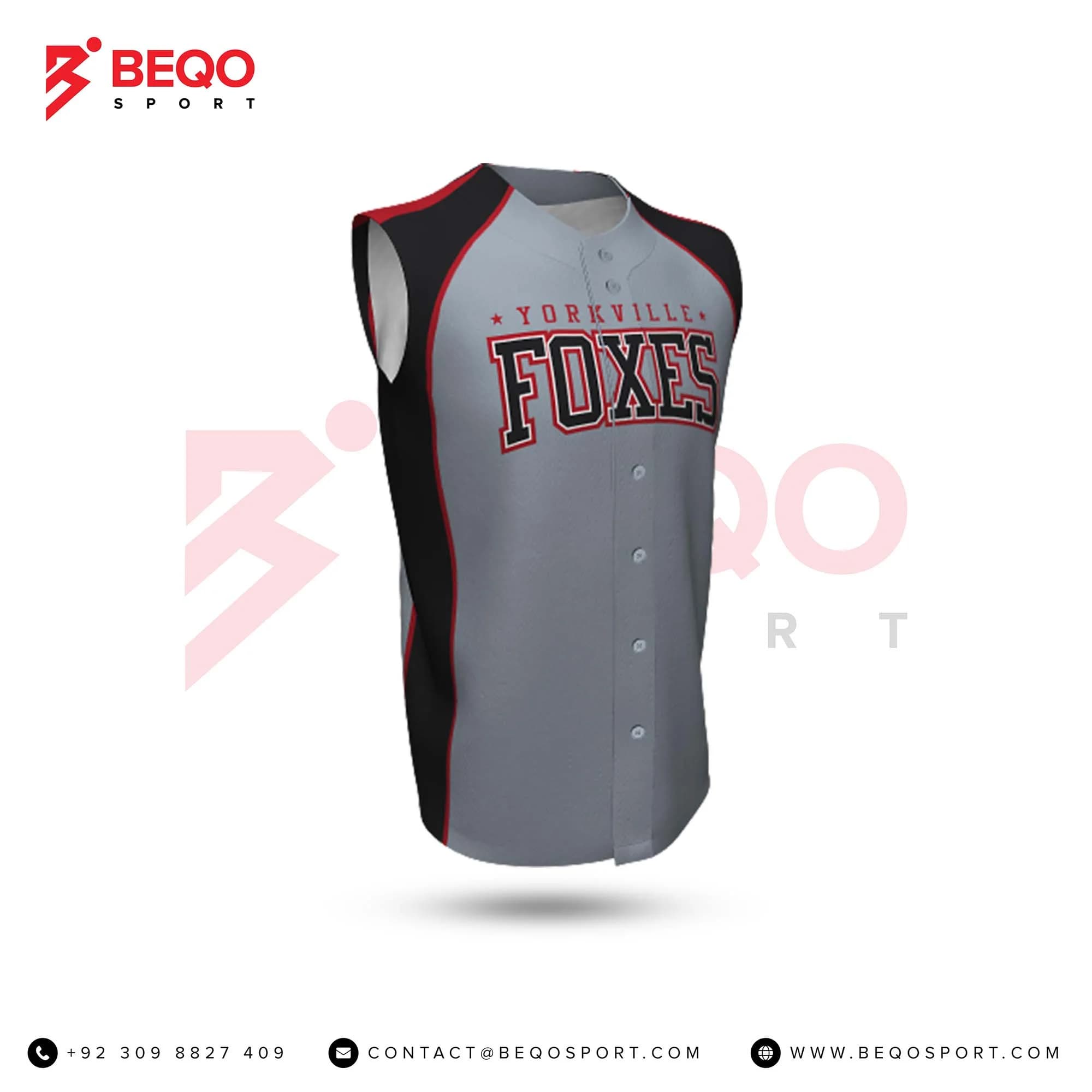 Men's Full Button Sleeveless Grey and Black Baseball Jersey